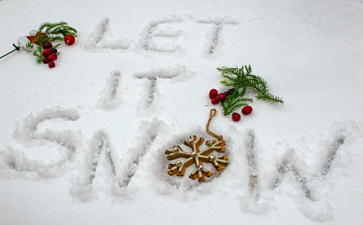 Let it snow written in fresh fallen snow with winter berries pine branches christmas ornament wooden snowflake vintage look and santa hat charm for greeting card, winter background or winter nature outdoor activity