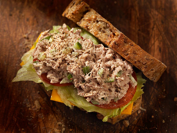 sanduíche de salada de atum com queijo, alface e tomates - tuna salad sandwich - fotografias e filmes do acervo