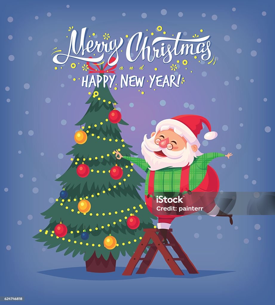 Cute Cartoon Santa Claus Decorating Christmas Tree Stock Illustration -  Download Image Now - Anthropomorphic Smiley Face, Backgrounds, Bag - iStock
