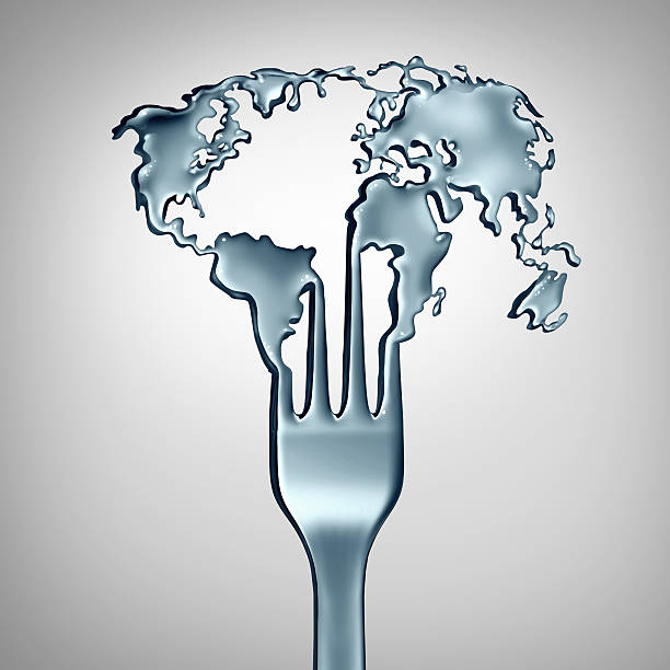 Global Food Concept Global food conceptand world cuisine symbol as a metal fork shaped as the planet earth as a metaphor for international restaurant meals or appetite and hunger in society as a 3D illustration. fusion food stock pictures, royalty-free photos & images