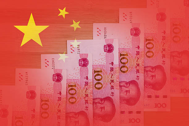 istock Chinese flag with 100 RMB notes positioned as rising stairs 624750258