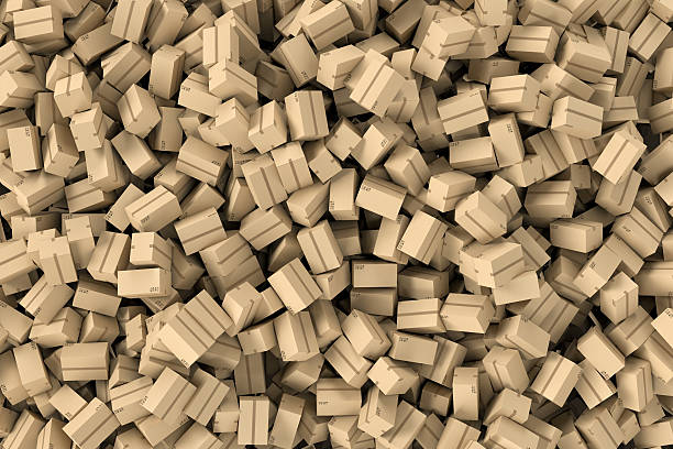 istock Rendering huge amount of cardboard boxes lying together in disorder 624751438