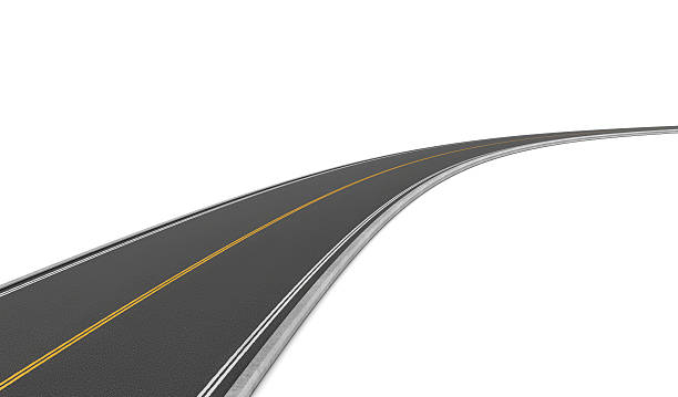 istock Rendering of two-way road bending to right on white 624751578