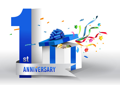anniversary background with ribbon, confetti and gift for your business