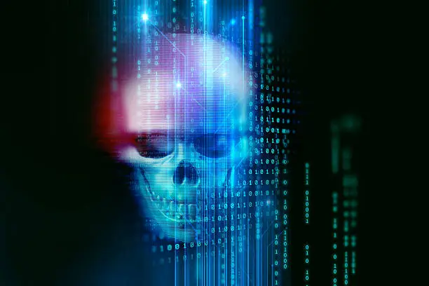 Photo of 3d rendering of skull on technology background
