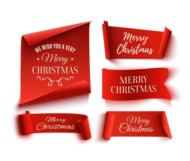 ilustrações de stock, clip art, desenhos animados e ícones de set of five red, merry christmas, realistic, paper banners. - placard