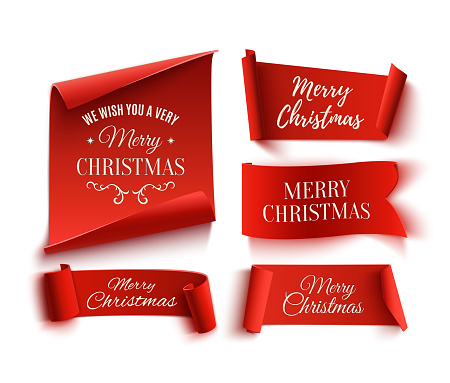 Set of five red, Merry Christmas, realistic, paper banners. Vector illustration