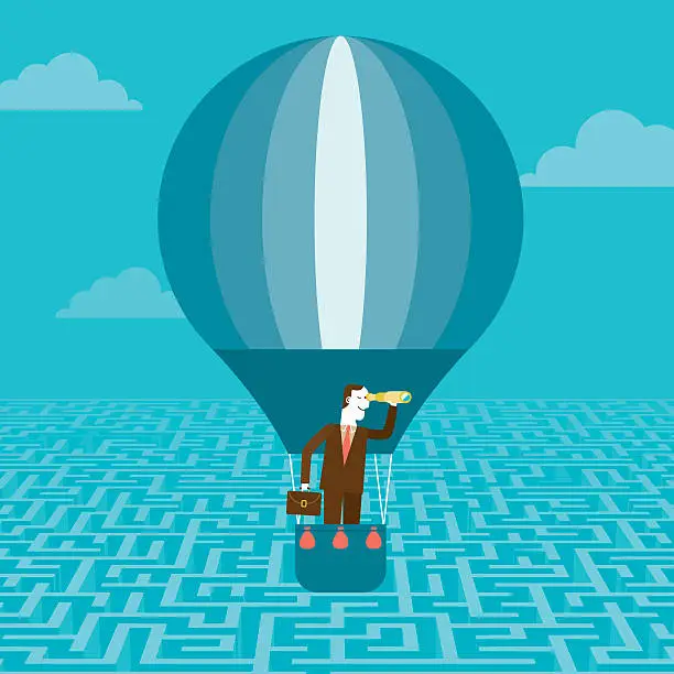 Vector illustration of Businessman on Hot Air Balloon over Maze | New Business