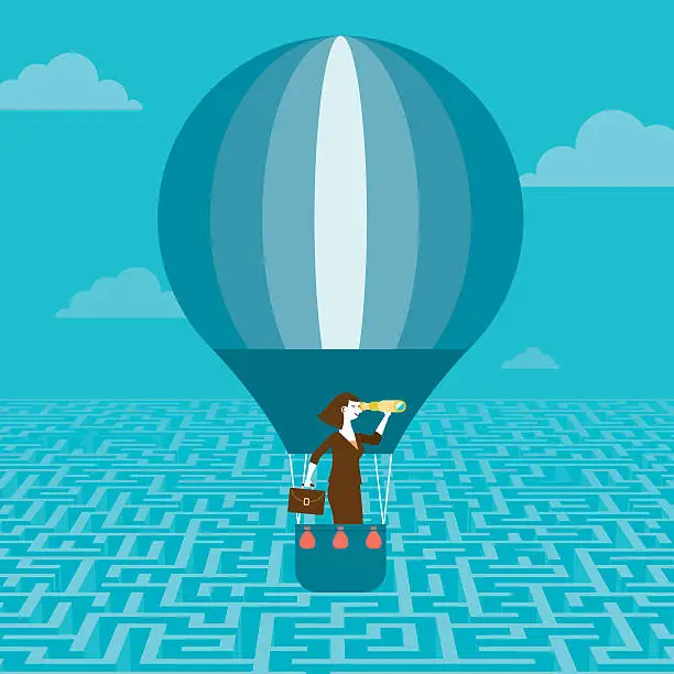 Vector illustration of Businesswoman on Hot Air Balloon over Maze | New Business