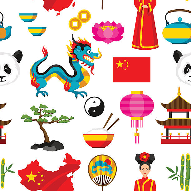 ilustraciones, imágenes clip art, dibujos animados e iconos de stock de patrón sin fisuras de china. símbolos y objetos chinos - asian culture dragon textile symbol