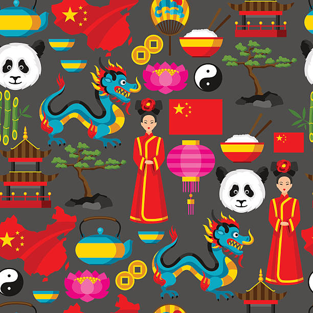 ilustraciones, imágenes clip art, dibujos animados e iconos de stock de patrón sin fisuras de china. símbolos y objetos chinos - asian culture dragon textile symbol
