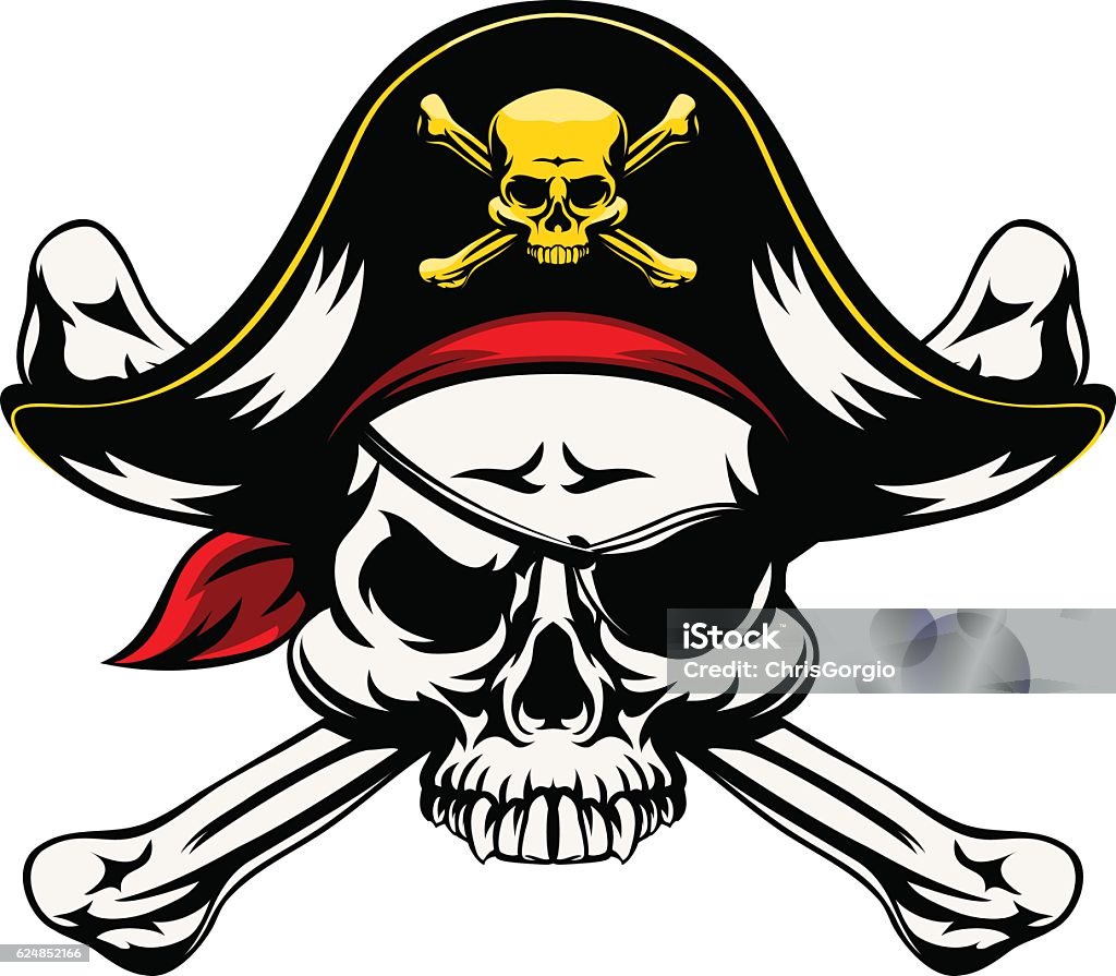 Skull and Crossed Bones Pirate A skull and crossbones pirates jolly roger sign in pirate clothes eye patch and pirate hat Mascot stock vector