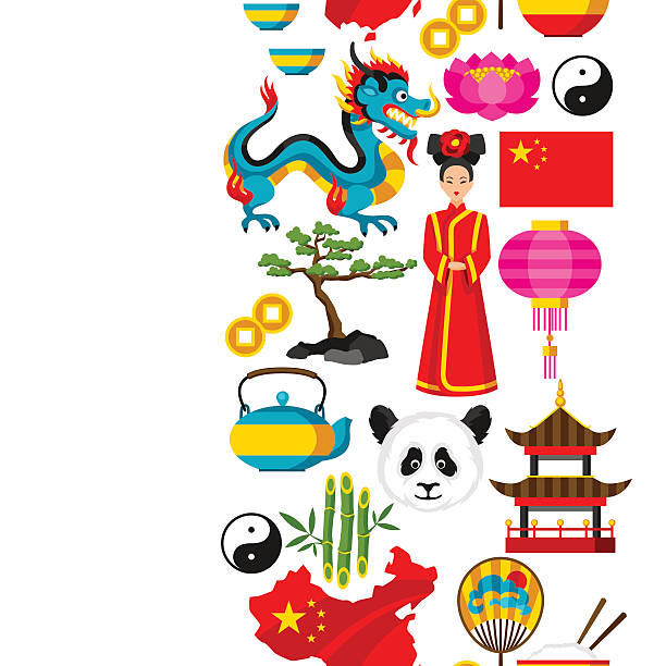 illustrazioni stock, clip art, cartoni animati e icone di tendenza di modello senza cuciture in cina. simboli e oggetti cinesi - asian culture dragon textile symbol