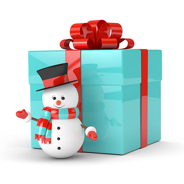 istock 3d rendering of snowman with present over white 624852732