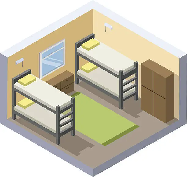 Vector illustration of Vector Isometric illustration of hostel room. Cheap hotel icon.