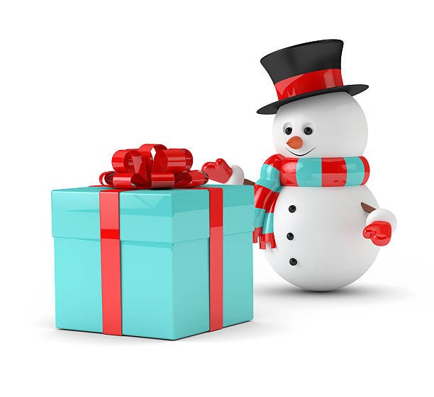 istock 3d rendering of snowman with present over white 624854312