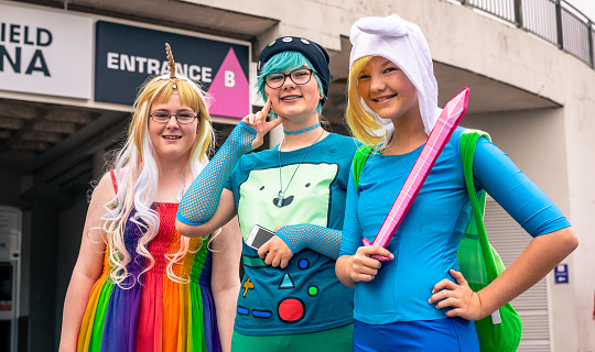 Sheffield, United Kingdom - June 12, 2016: Group of cosplayers posing at the Yorkshire Cosplay Convention at Sheffield Arena