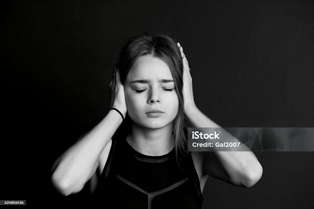 Hear no evil. The girl closes the hands. Hear no evil. The girl closes the hands. Long hair Acting - Performance Stock Photo