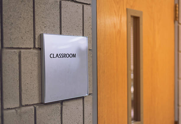 istock Classroom door with sign at school 624856590