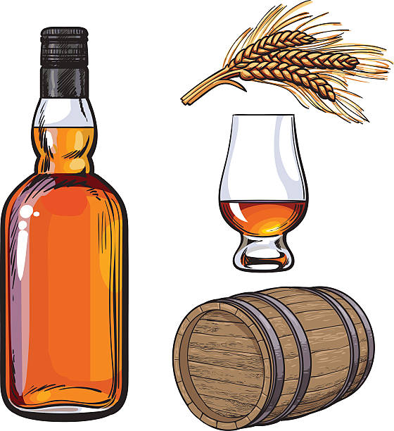 ilustrações de stock, clip art, desenhos animados e ícones de whiskey bottle and hand holding full shot glass - malt white background alcohol drink