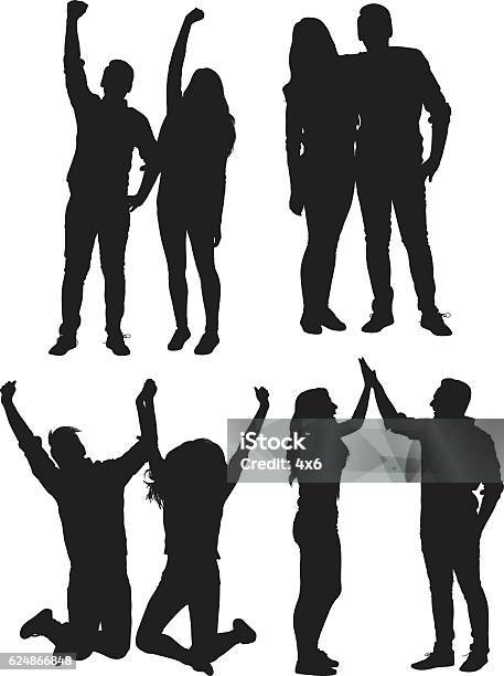 Couple In Various Actions Stock Illustration - Download Image Now - In Silhouette, Couple - Relationship, High-Five