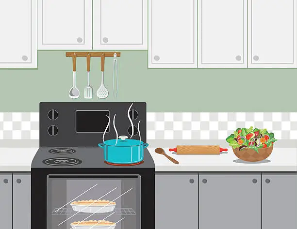 Vector illustration of Kitchen Stove With A Pot Of Soup Cooking