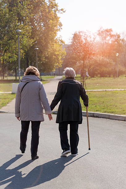 istock Rear view of senior woman walking with  assistent 624878588