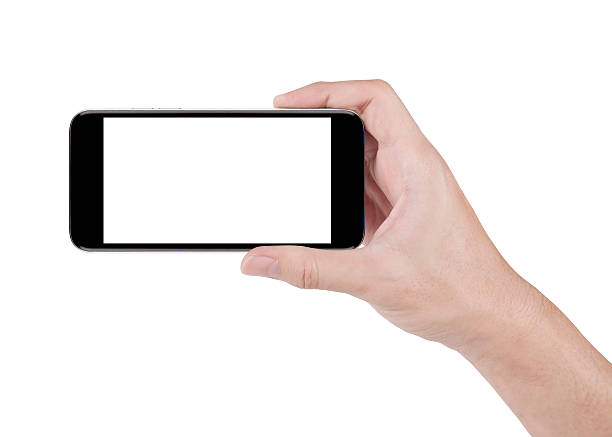 istock hand holding horizontal the black smartphone with white screen w 624879666