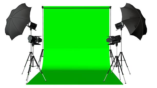 istock Photo Studio Equipment with Green Screen isolated on white background 624879732