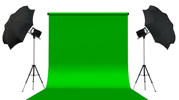 istock Photo Studio Equipment with Green Screen isolated on white background 624879860