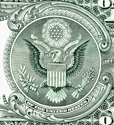 Close-up detail of the Great Seal of the United States as seen on the $1 bill.