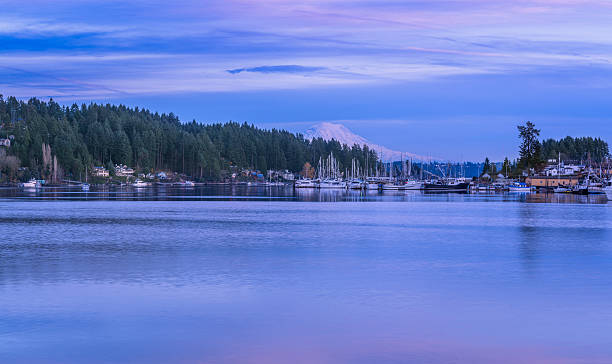 mtレーニアの背景を持つ港で夕日 - water tranquil scene puget sound cloudscape ストックフォトと画像