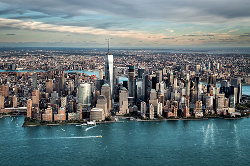 Helicopter point of view of Manhattan island in New York City.