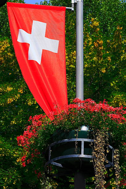 szwajcarska flaga, kolorowe jasne kwiaty liście ogrodowe, interlaken, szwajcaria - switzerland nautical vessel interlaken swiss culture zdjęcia i obrazy z banku zdjęć