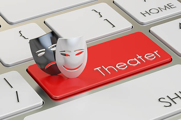 Theatre concept. Tragicomic theater masks on red keyboard button Theatre concept. Tragicomic theater masks on red keyboard button, 3D rendering tragicomedy stock pictures, royalty-free photos & images