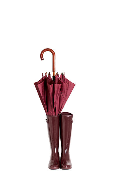 istock Rubber boots and umbrella stick color Marsala on isolated backgr 624894136