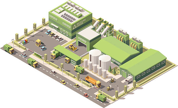 Vector isometric low poly garbage recycling center Vector isometric low poly waste recycling plant industry and manufacturing infographics stock illustrations