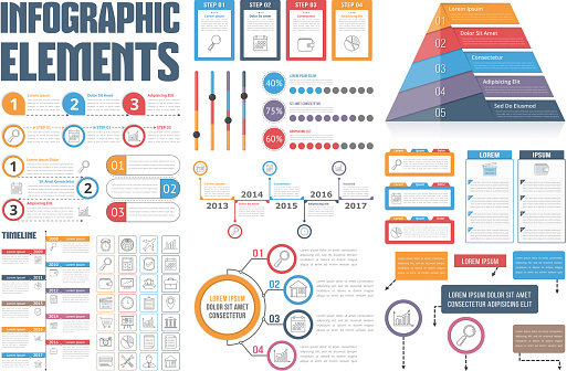 Infographic Elements - process infographics, workflow diagrams, timeline infographics, steps and options, pyramid chart, table, text box, flowchart design elements, vector eps10 illustration