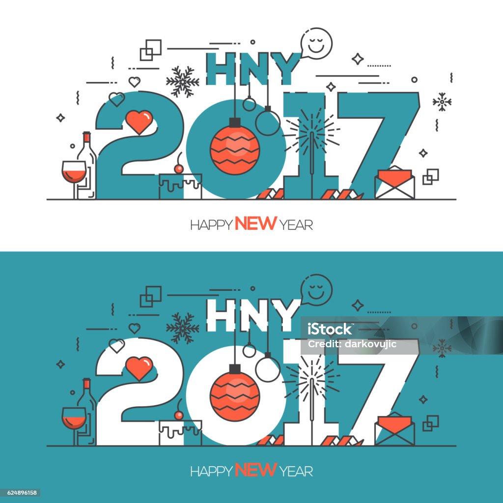 Happy New Year Card flat line design Flat Thin Color Line Concept of Happy New Year 2017, trendy and minimalistic card or background. Modern Thin Contour Line Design. Vector Illustartion 2017 stock vector