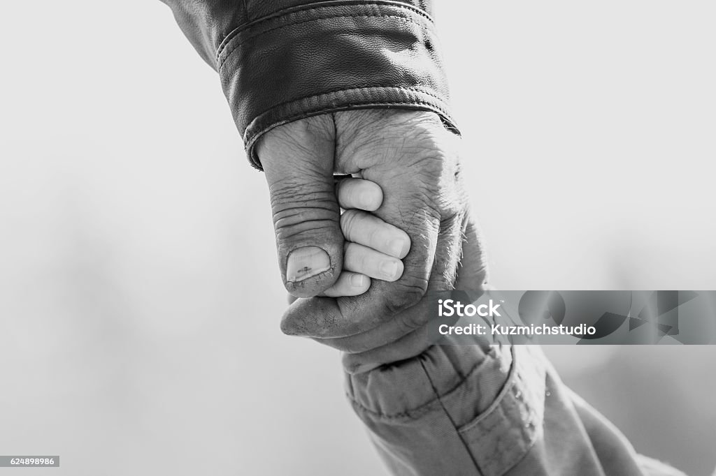 Baby girl warm jacket and cap c grandfather hands in Baby girl warm jacket and cap c grandfather hands in autumn Park Grandfather Stock Photo