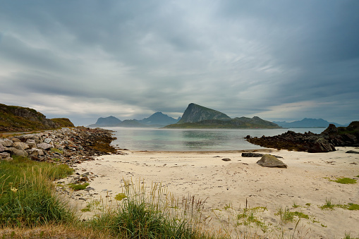 Norway coast. Ocean beach. Vacation in Norway, Lofoten islands