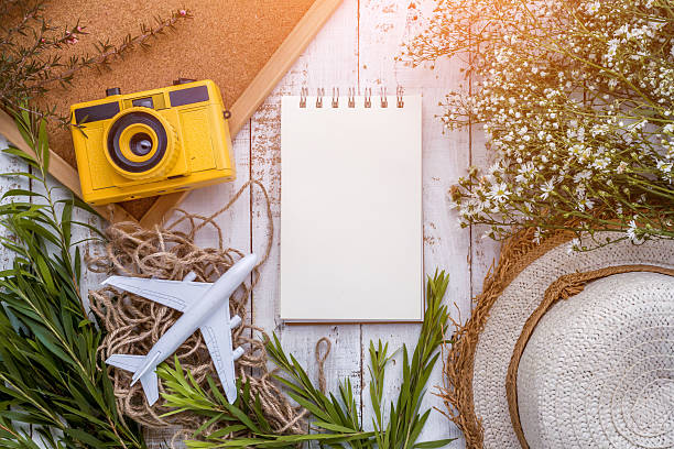istock Summer travel object composition of summer hat yellow camera flo 624908412