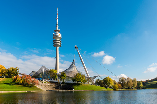 Munich, Germany - November 3, 2016: Panoramic view over the olymic park in Munich with huge olympic tower. The park was built for the olympic games in 1972. Nowadays it is used for concerts, sport events and many other events.