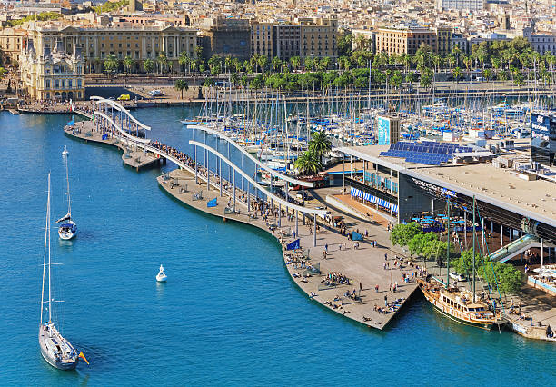 Barceloneta cruise port and public promenade from cable car