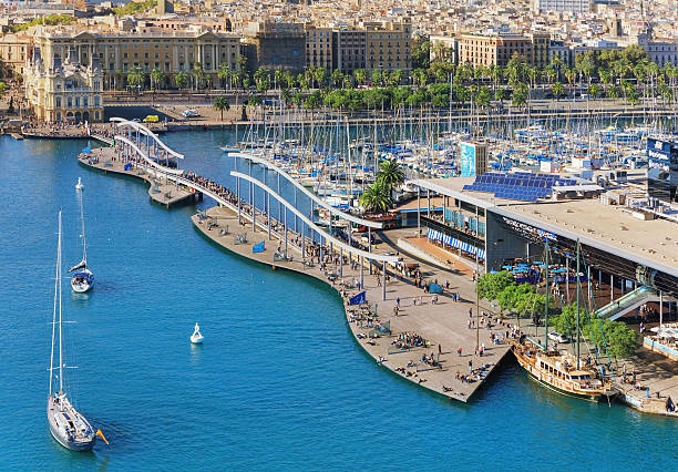 Aerial panorama of Barceloneta Barceloneta cruise port and public promenade from cable car la rambla stock pictures, royalty-free photos & images