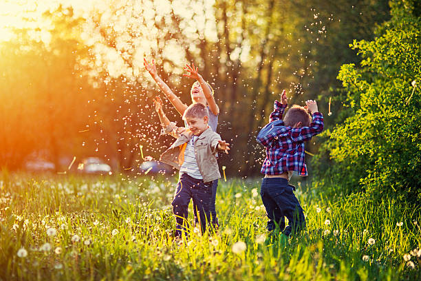Sister and brothers playing in dandelion field