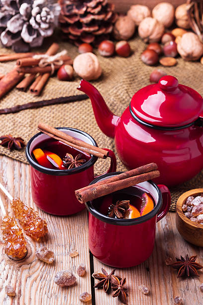 istock Hot mulled wine in a red mug for winter holidays 624923650