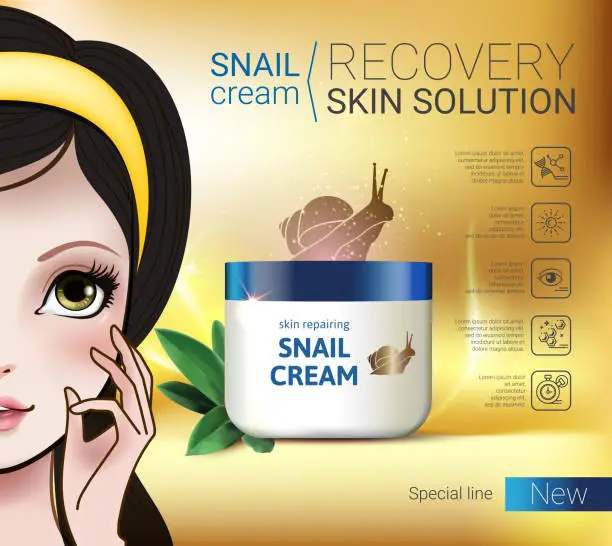 Vector illustration of Vector Illustration with Manga style girl and snail cream container.