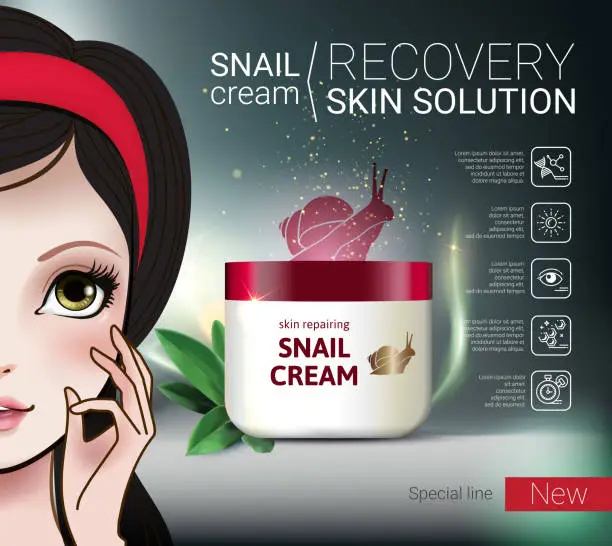Vector illustration of Vector Illustration with Manga style girl and snail cream container.