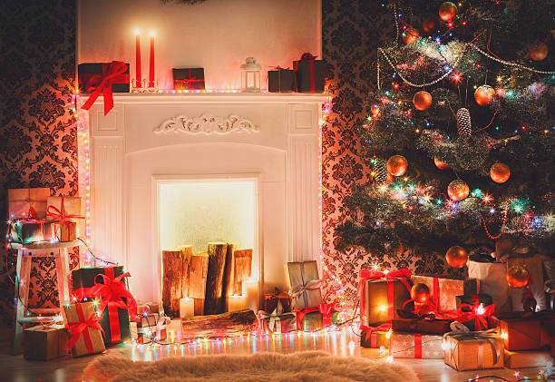 istock Christmas room interior design, decorated tree in garland lights 624924422